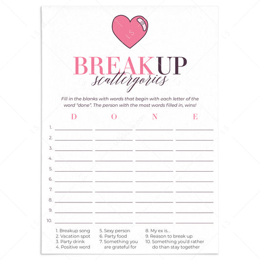 Breakup Party Game Scattergories Printable by LittleSizzle