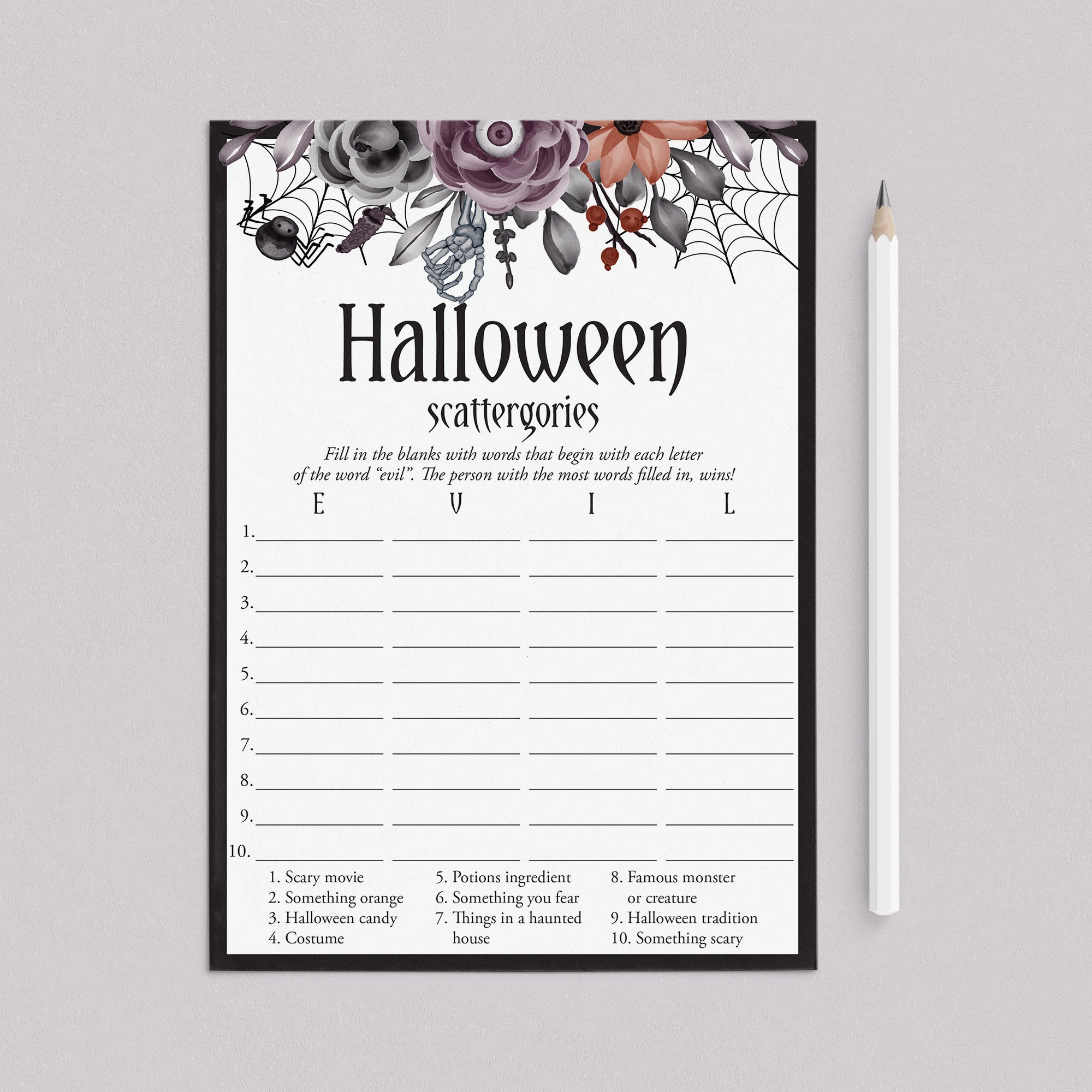 Floral Halloween Party Game Scattergories Download by LittleSizzle