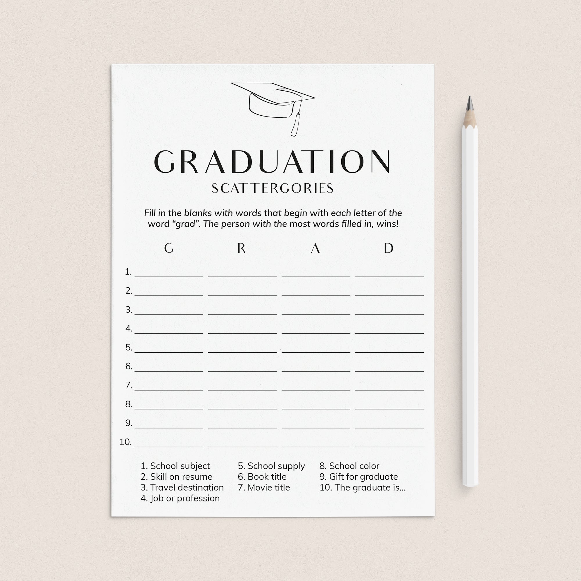 Simple Graduation Game Scattergories Printable by LittleSizzle