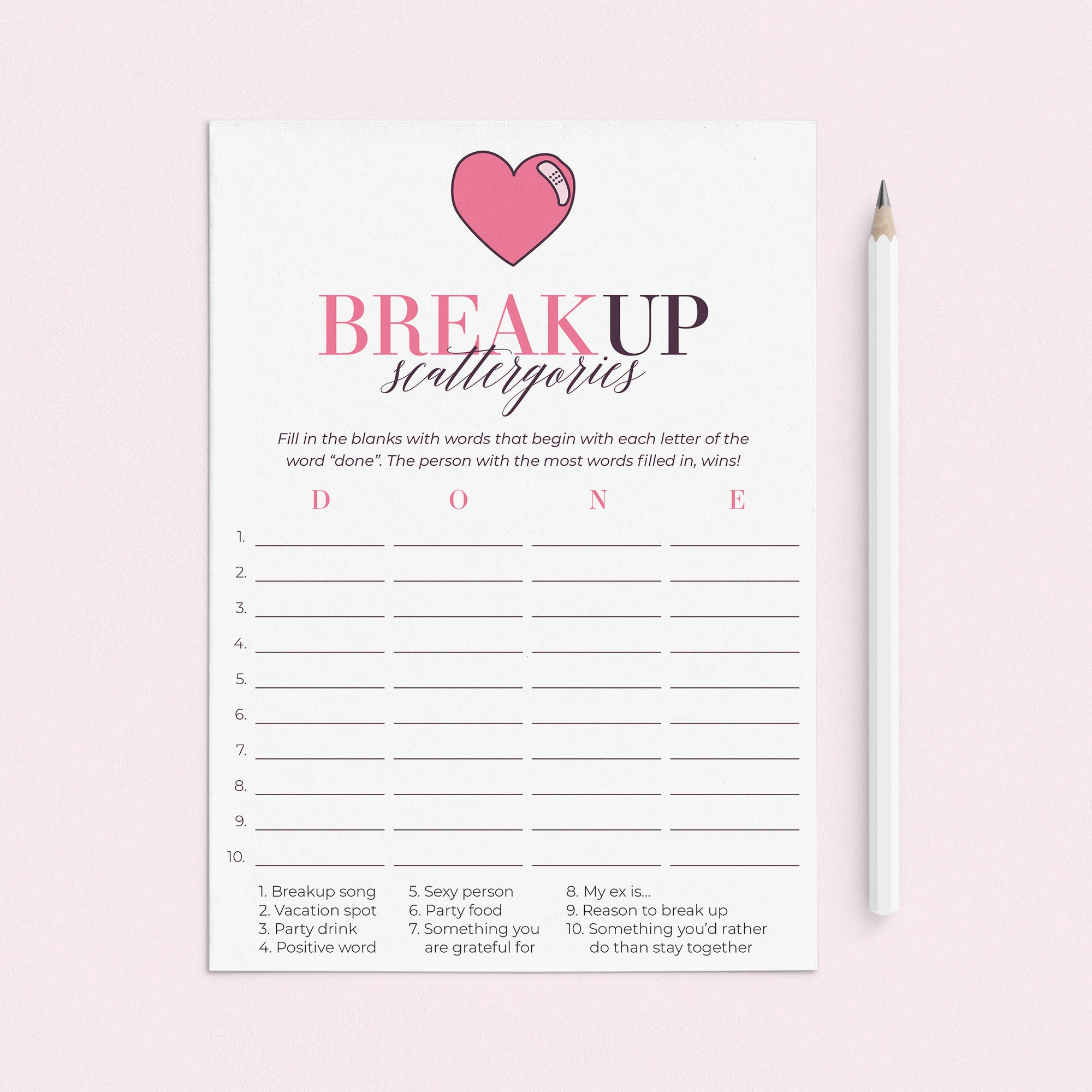 Breakup Party Game Scattergories Printable by LittleSizzle