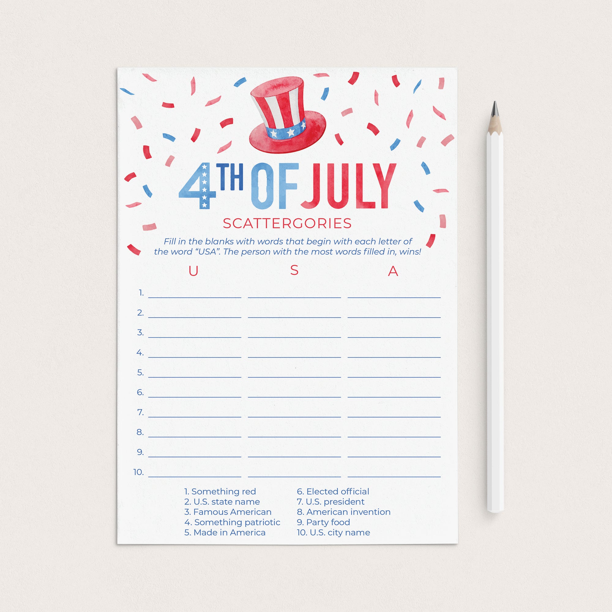 Printable USA Scattergories Game for 4th of July Party by LittleSizzle