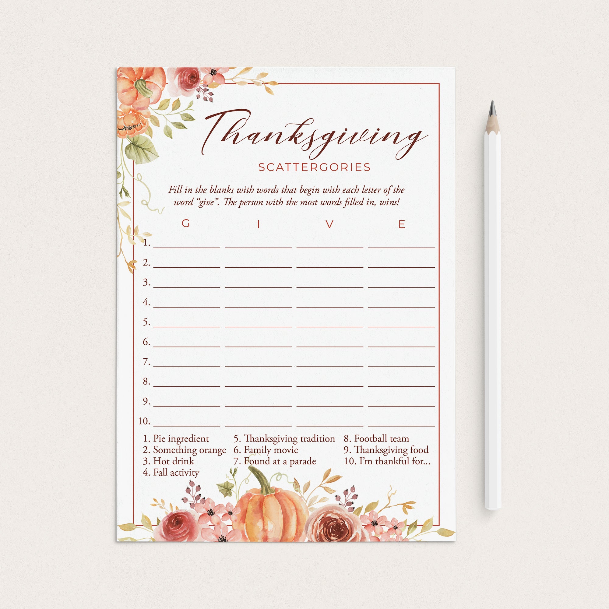 Thanksgiving Party Game Scattergories Printable by LittleSizzle