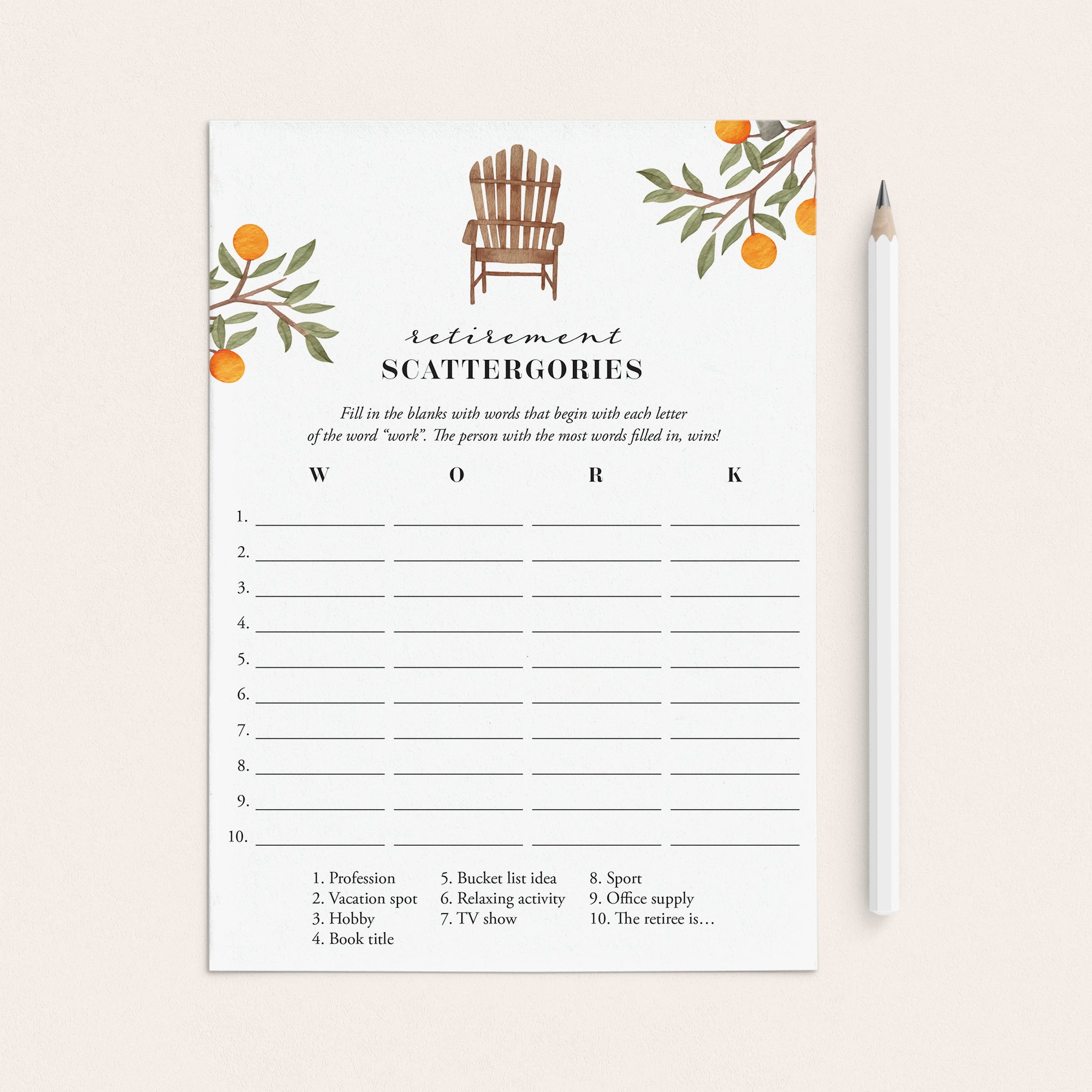 Printable Retirement Game Scattergories by LittleSizzle