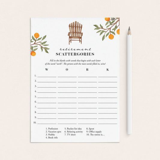 Printable Retirement Game Scattergories by LittleSizzle