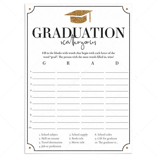 Grad Scattergories Graduation Party Game Printable by LittleSizzle