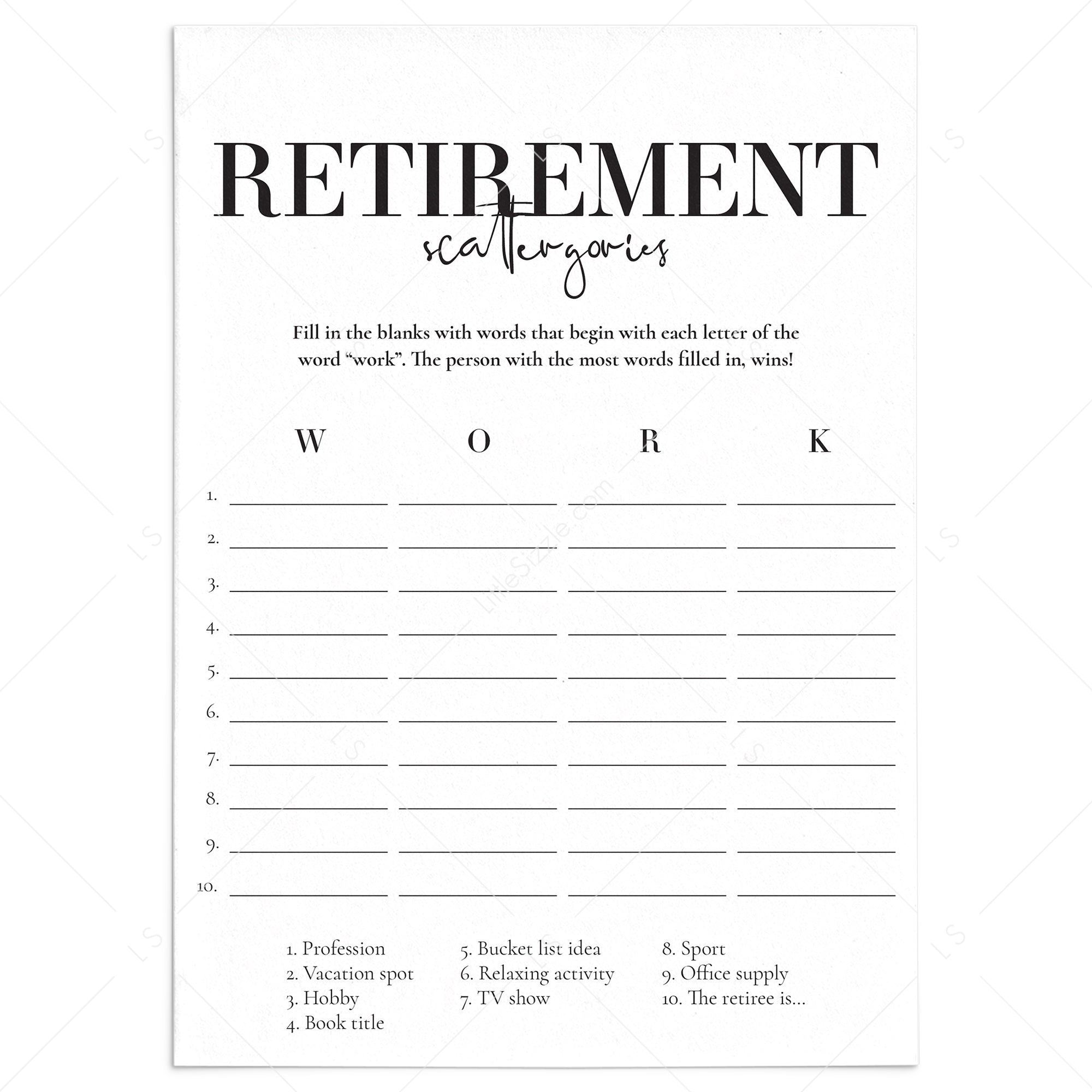 Retirement Scattergories Game Printable by LittleSizzle