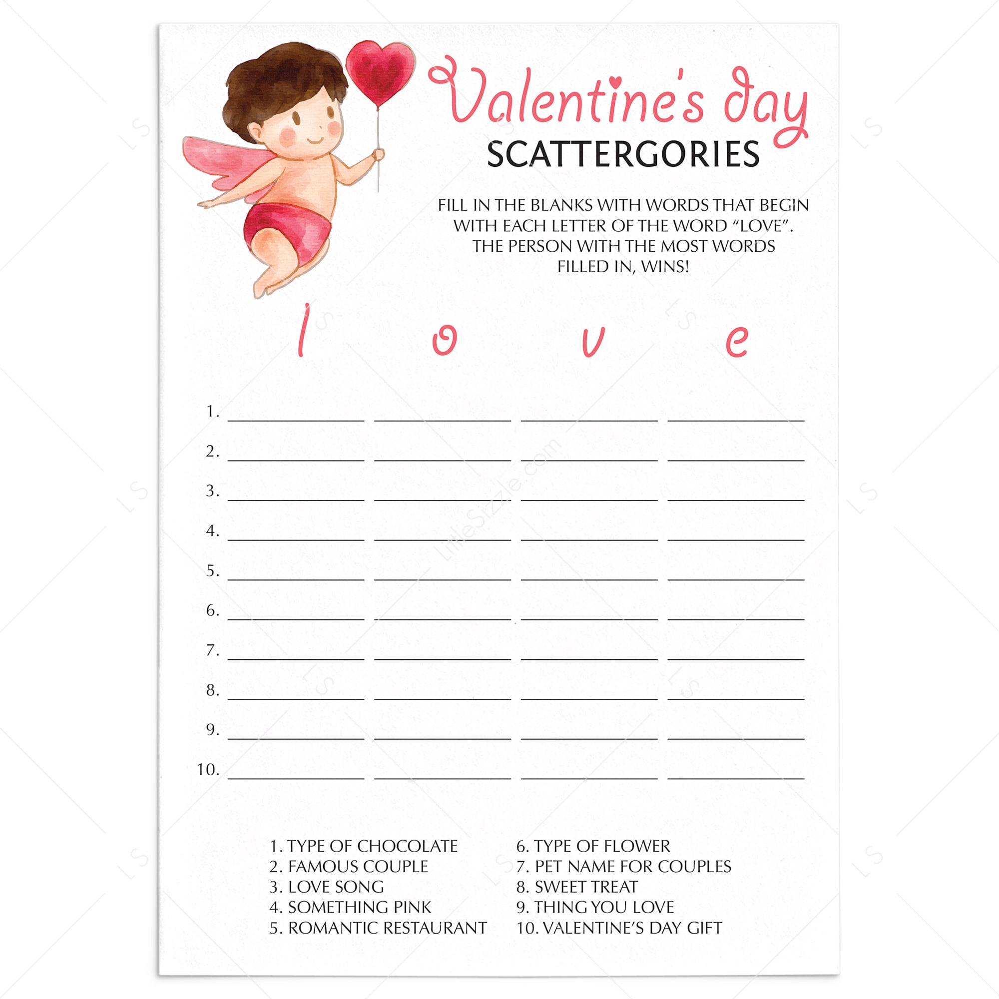 Valentine's Day Game Scattergories Instant Download by Littlesizzle
