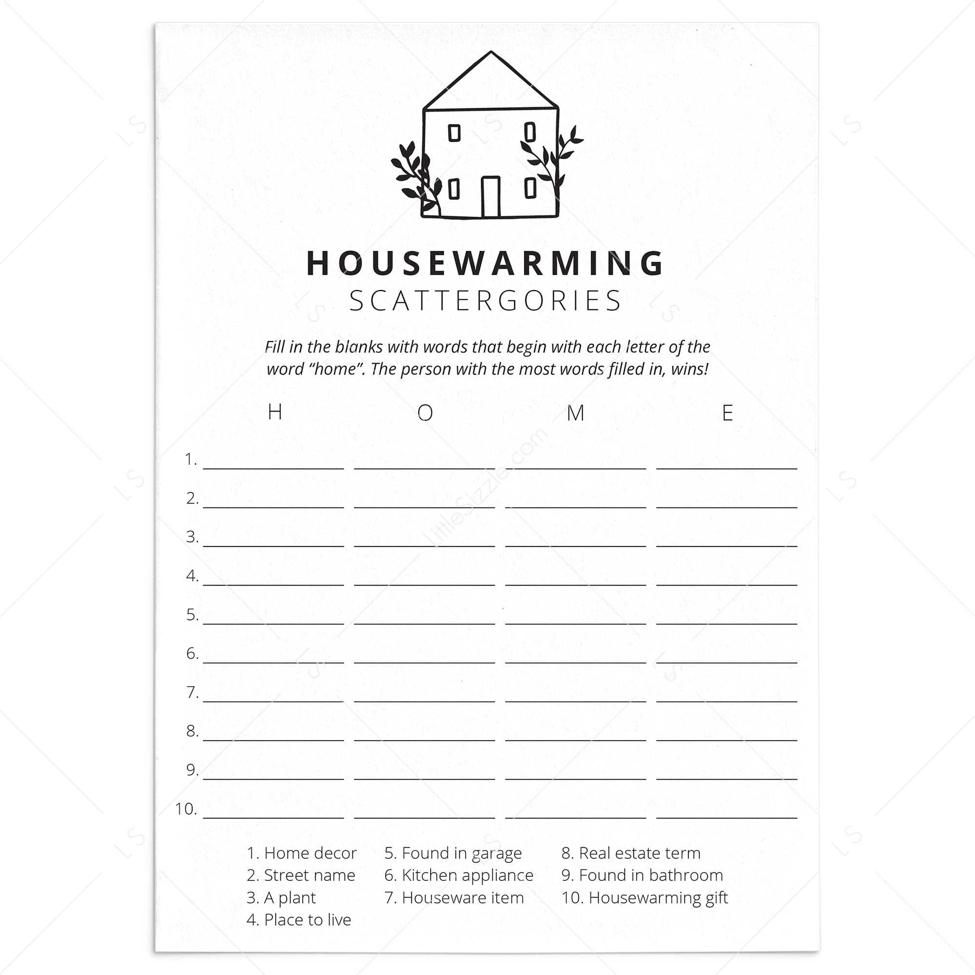 Game for Houswarming Party Scattergories Printable by LittleSizzle