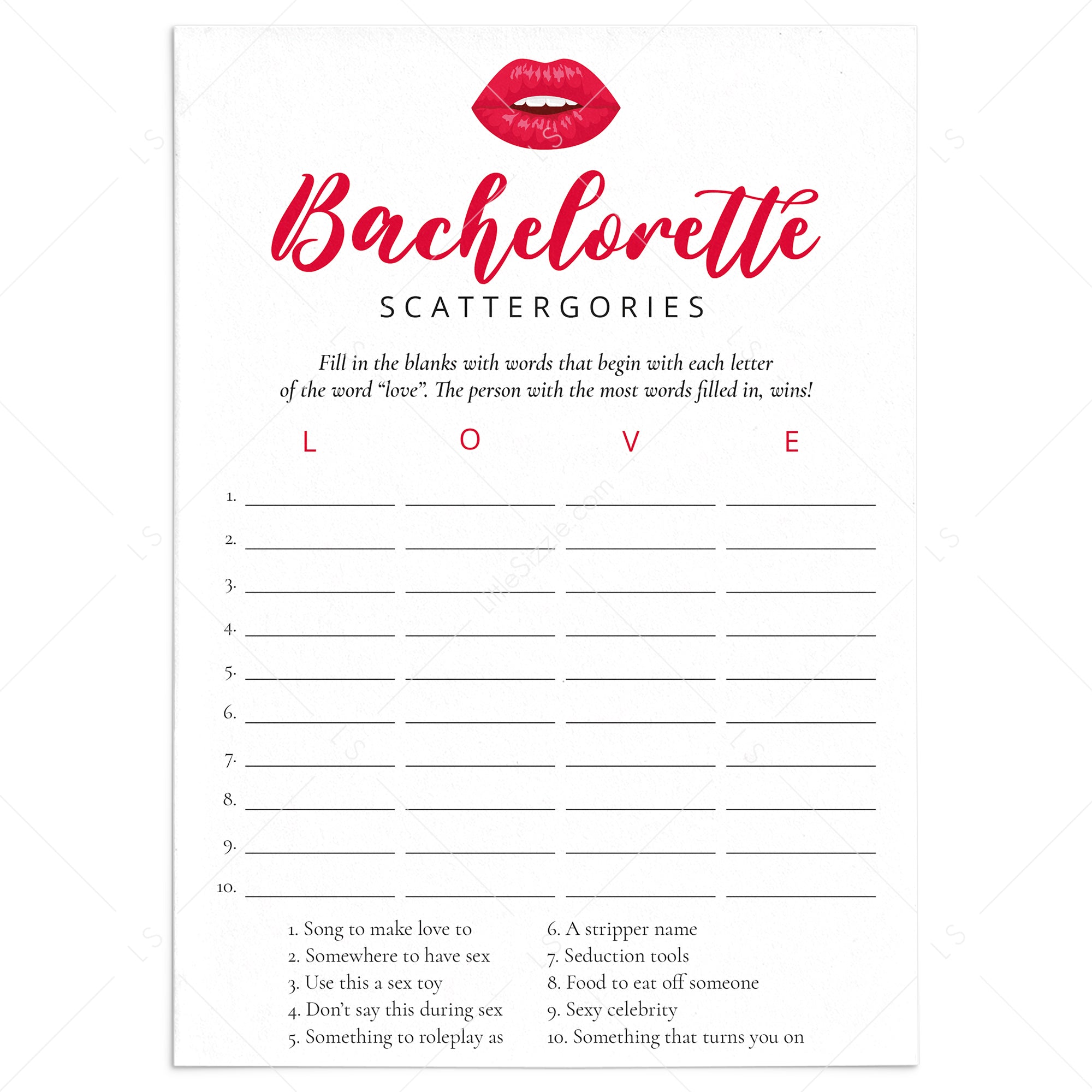Red Bachelorette Party Game Scattergories Printable picture