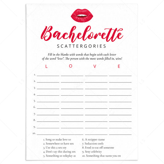 Red Bachelorette Party Game Scattergories Printable by LittleSizzle