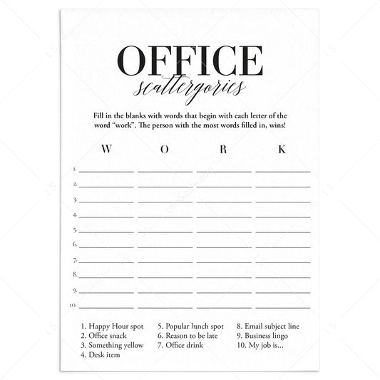 Office Party Game Scattergories Printable by LittleSizzle