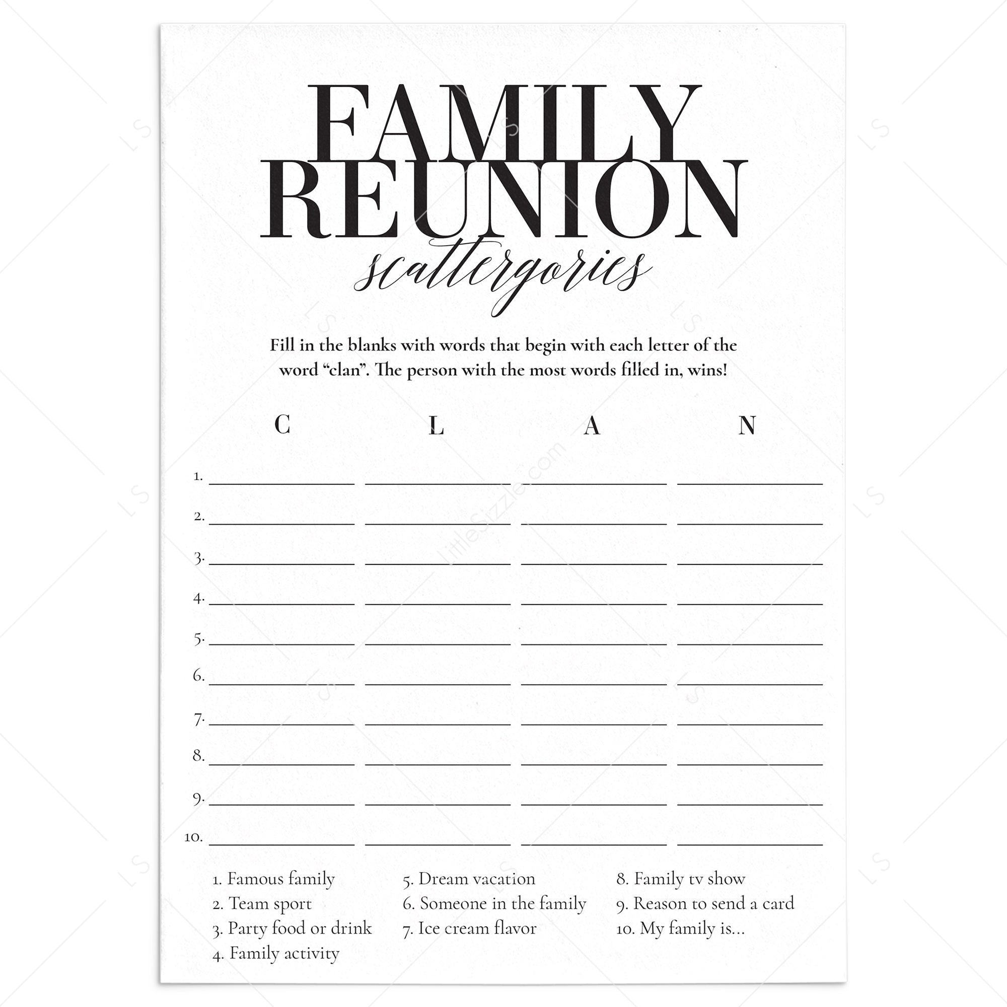 Family Reunion Scattergories Printable by LittleSizzle