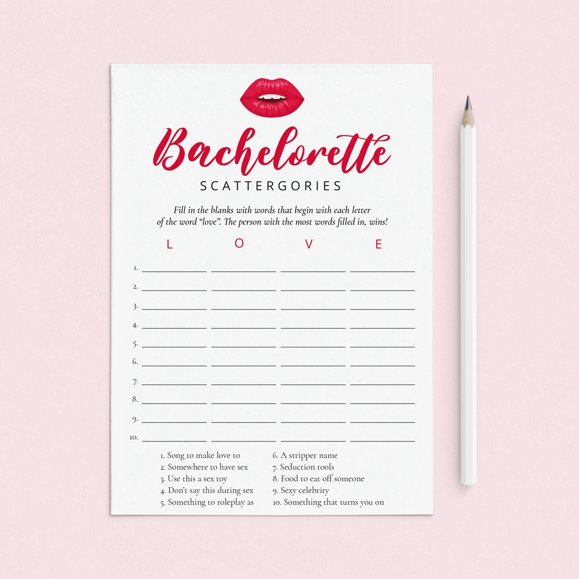 Red Bachelorette Party Game Scattergories Printable by LittleSizzle