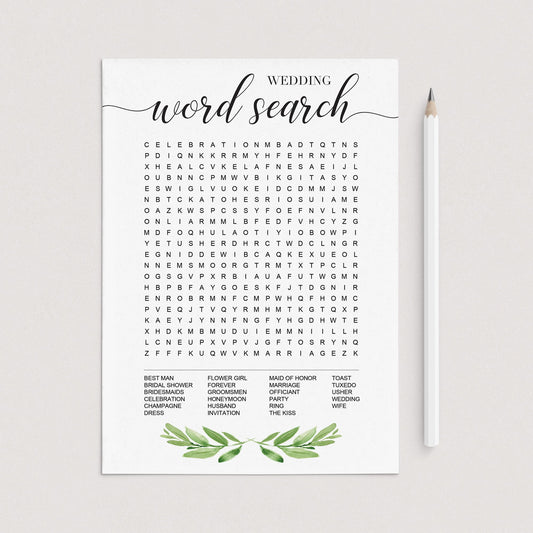 greenery bridal shower word search game