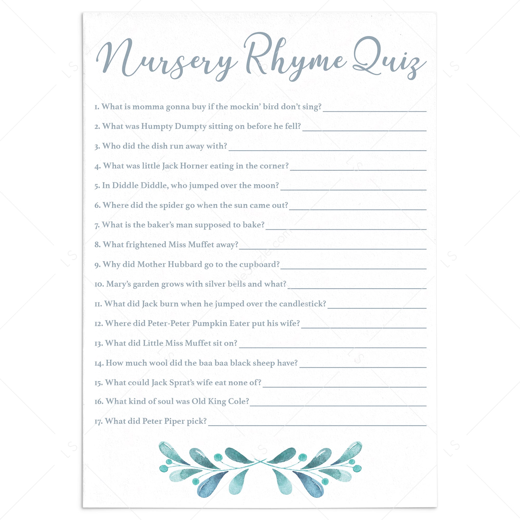 Blue and Silver Baby Shower Games Nursery Rhyme Quiz Printable by LittleSizzle