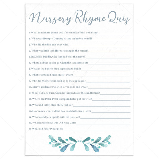 Blue and Silver Baby Shower Games Nursery Rhyme Quiz Printable by LittleSizzle