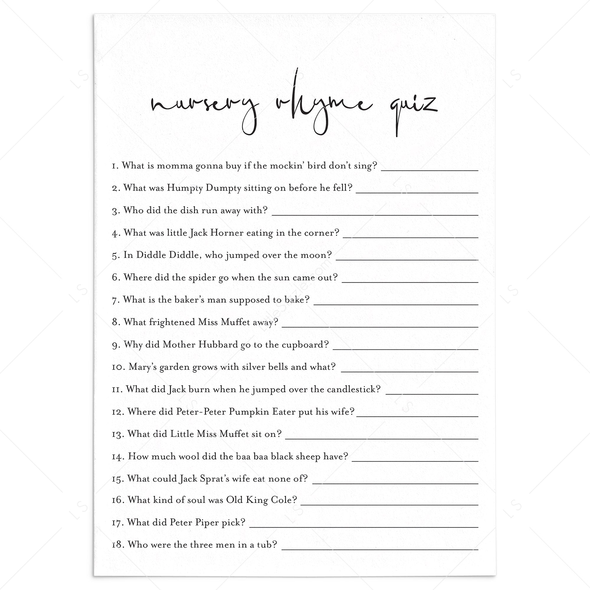 Modern Baby Shower Game Nursery Rhyme Quiz Printable by LittleSizzle