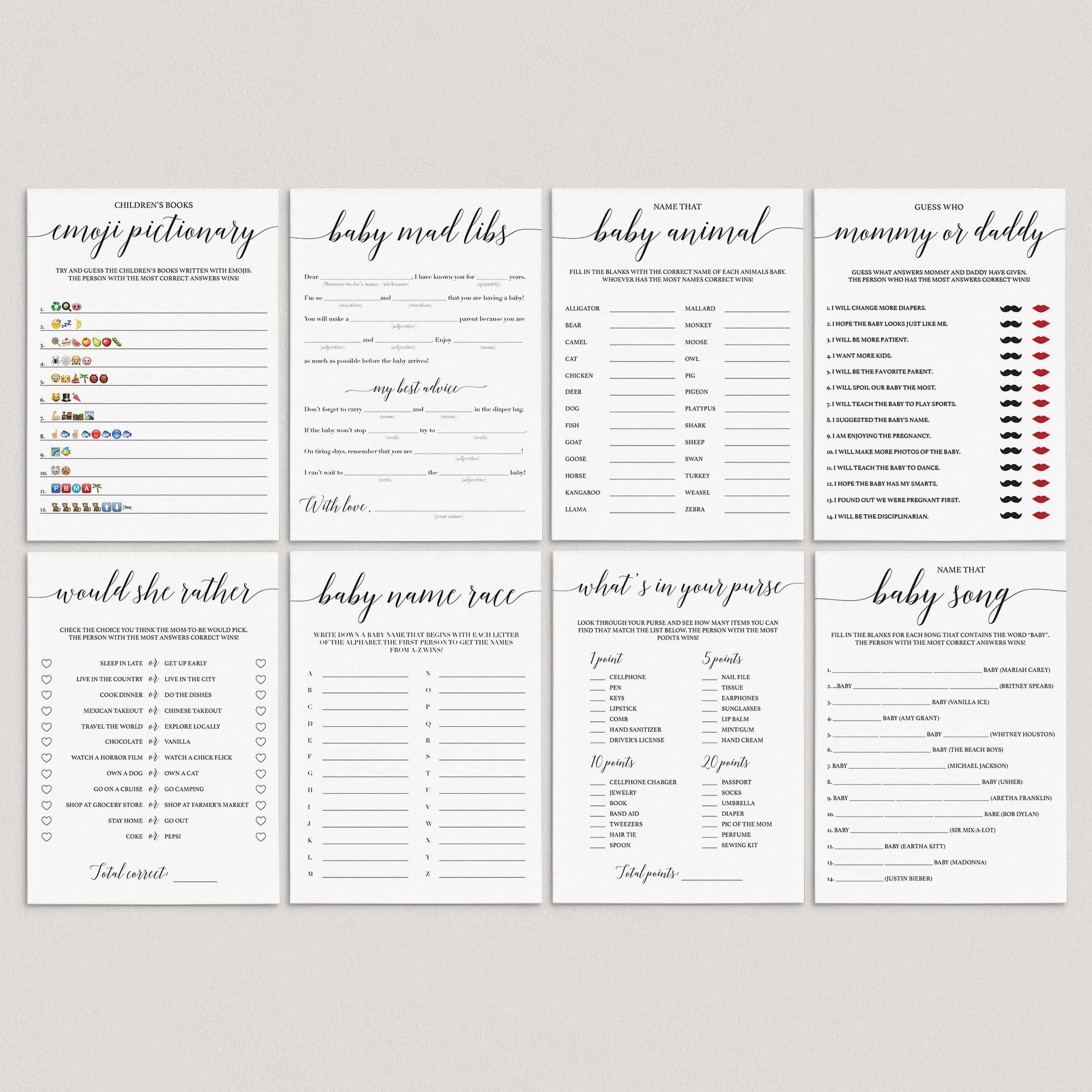 Modern Calligraphy Baby Shower Game Bundle Instant Download by LittleSizzle