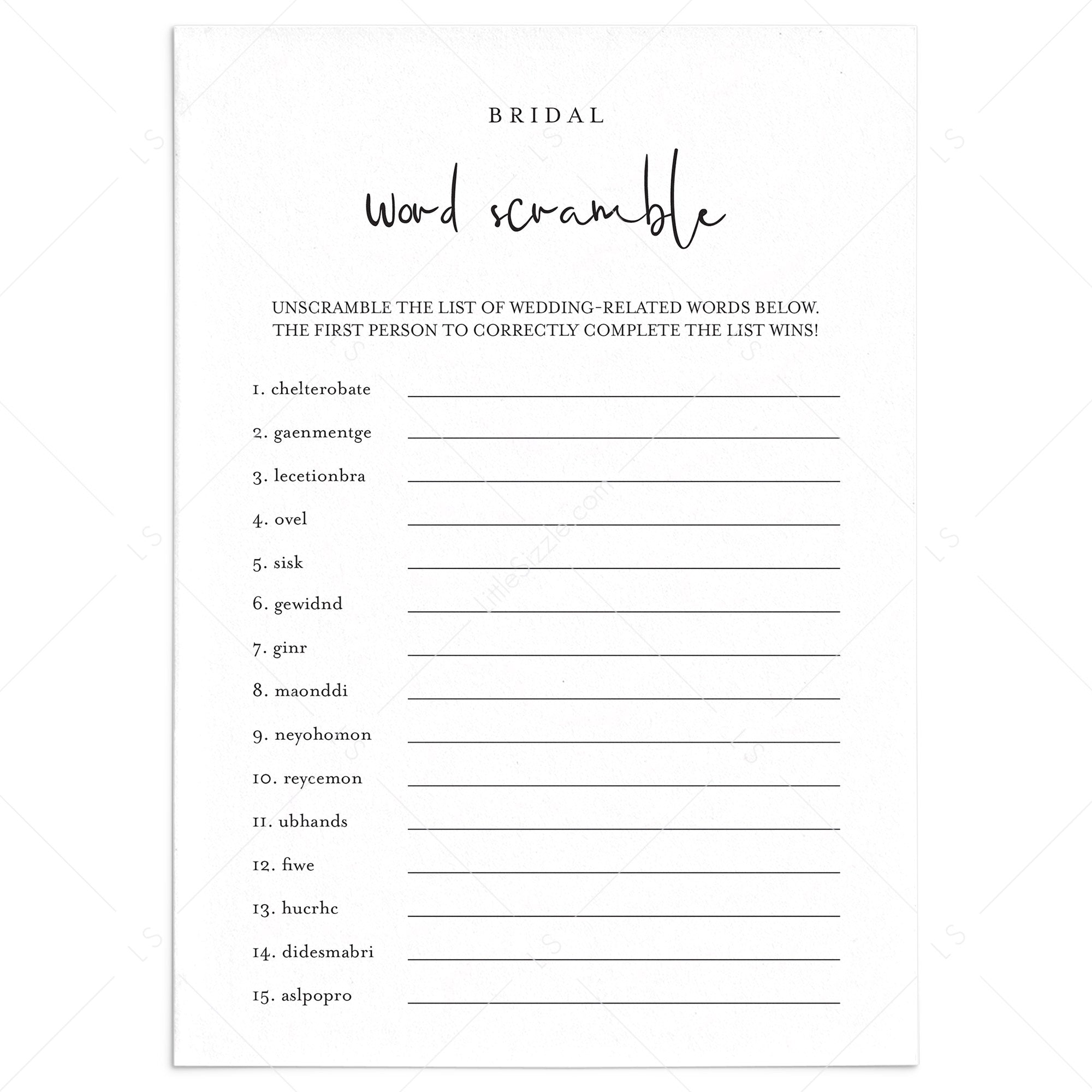 Minimalist Bridal Word Scramble Game With Answers Printable by LittleSizzle