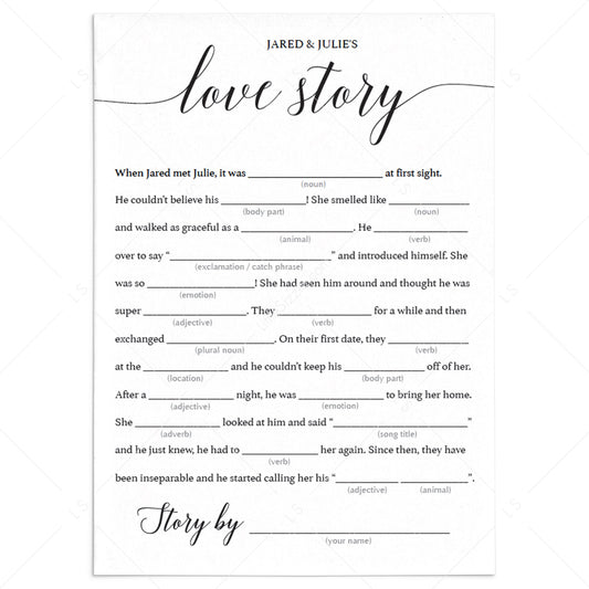 Love story mad libs bridal shower game template by LittleSizzle