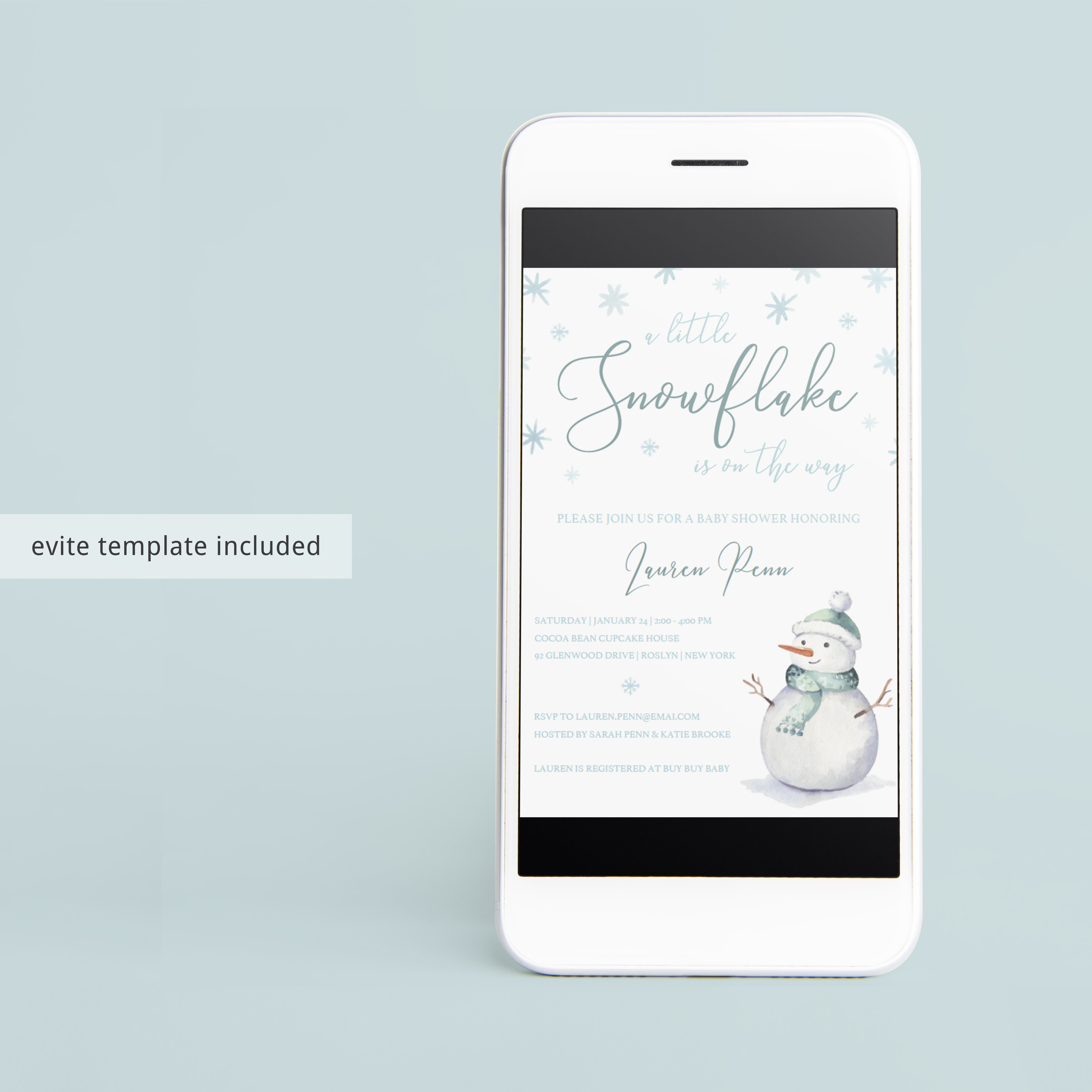 Winter baby shower invite download DIY template with snowflakes by LittleSizzle