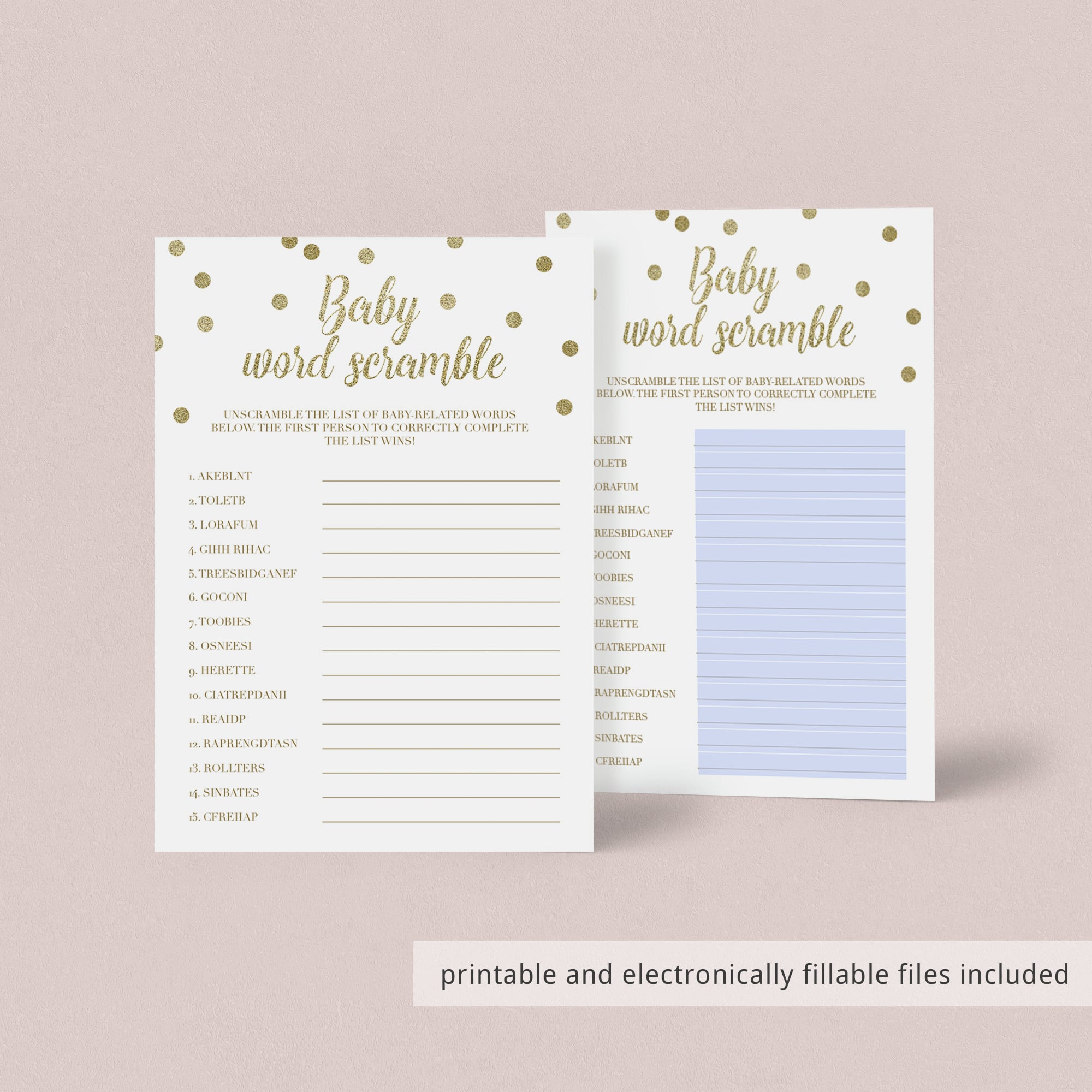 Gold (Virtual) Baby Shower Game Word Scramble