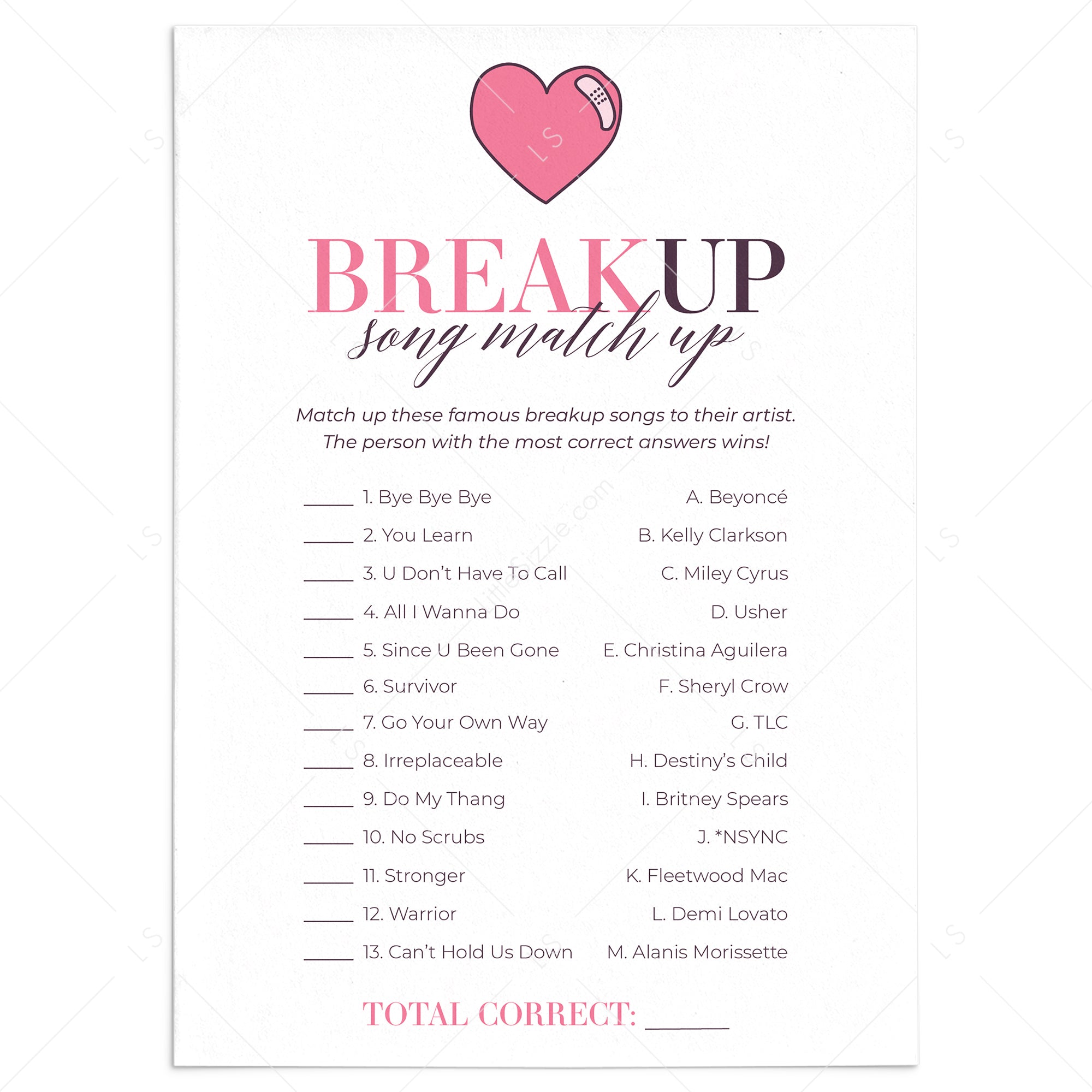 Breakup Songs Match Up with Answer Key Printable Breakup Party Ideas