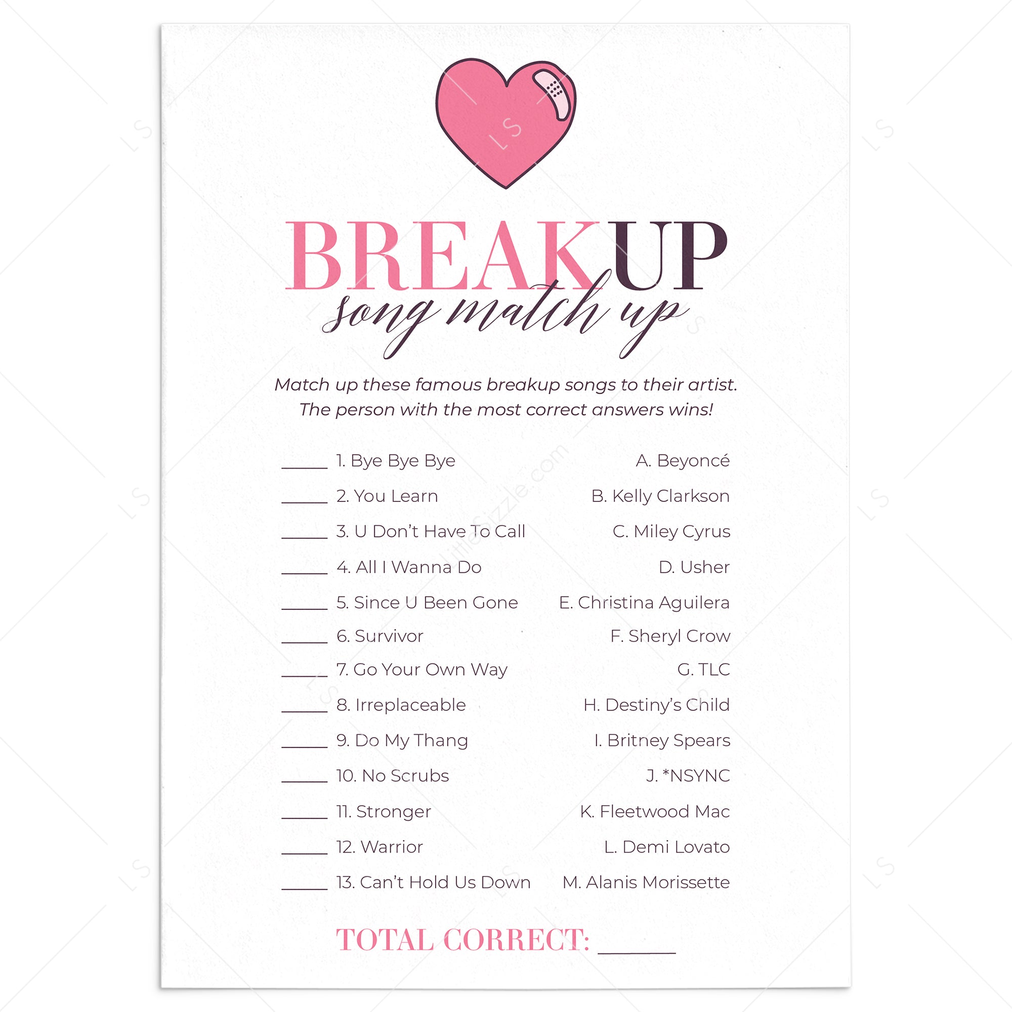 Breakup Songs Match Up with Answer Key Printable by LittleSizzle