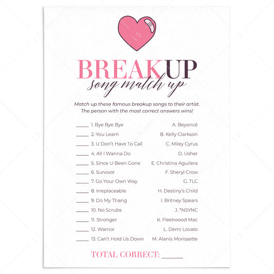 Breakup Songs Match Up with Answer Key Printable by LittleSizzle