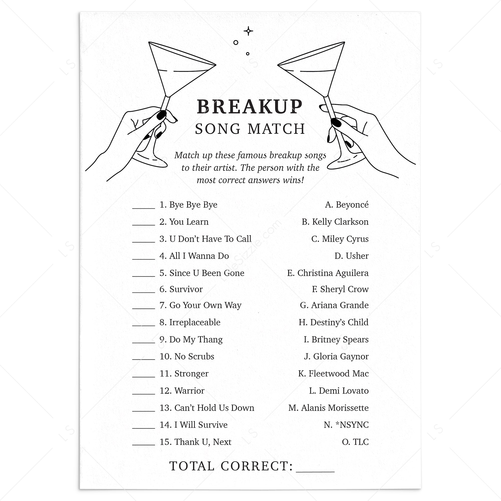 Divorce Party Game Match The Breakup Song with Answers by LittleSizzle