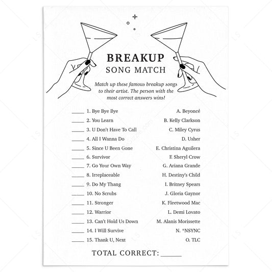 Divorce Party Game Match The Breakup Song with Answers by LittleSizzle