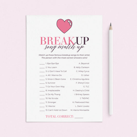 Breakup Songs Match Up with Answer Key Printable by LittleSizzle