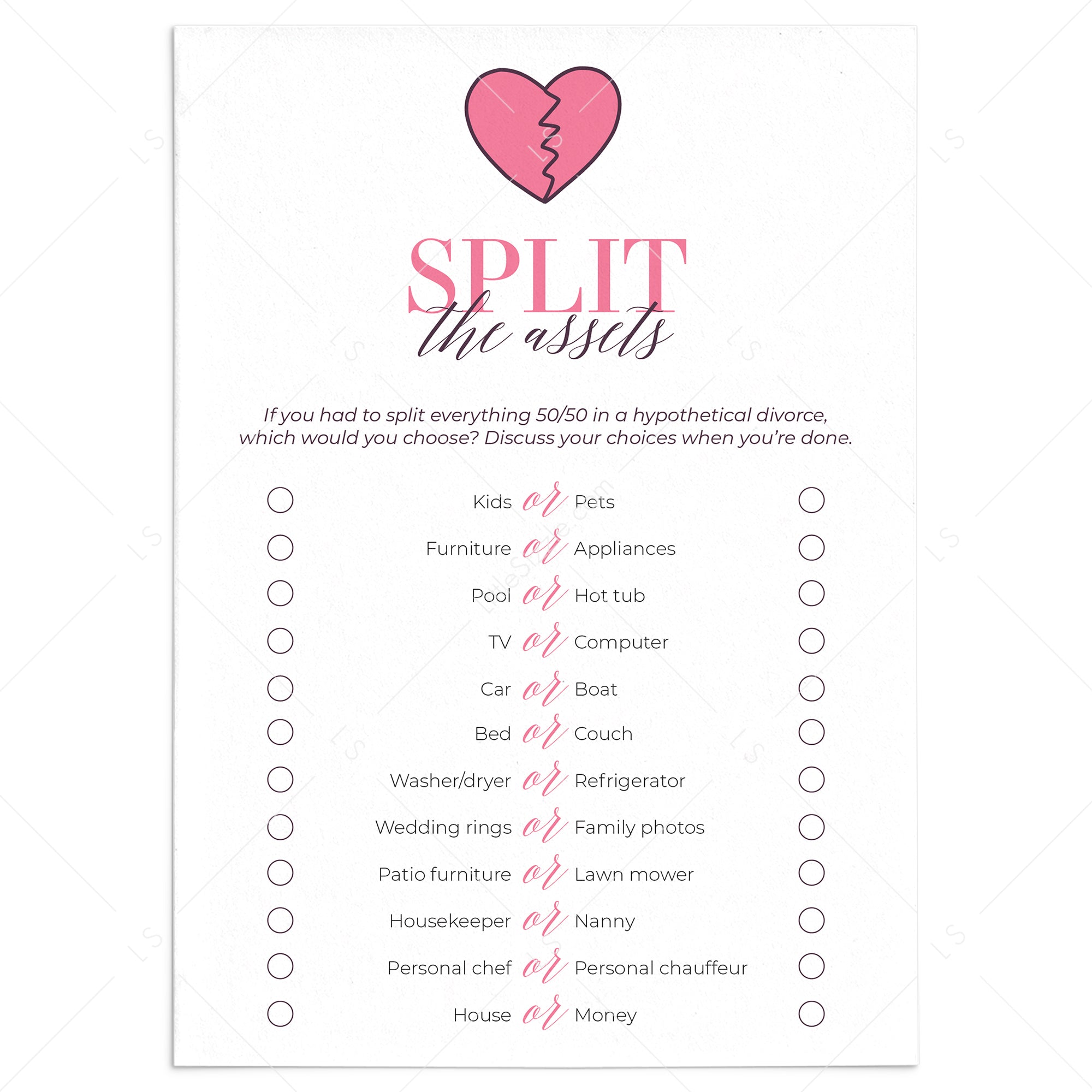 Split Up Party Game Split The Assets Printable by LittleSizzle