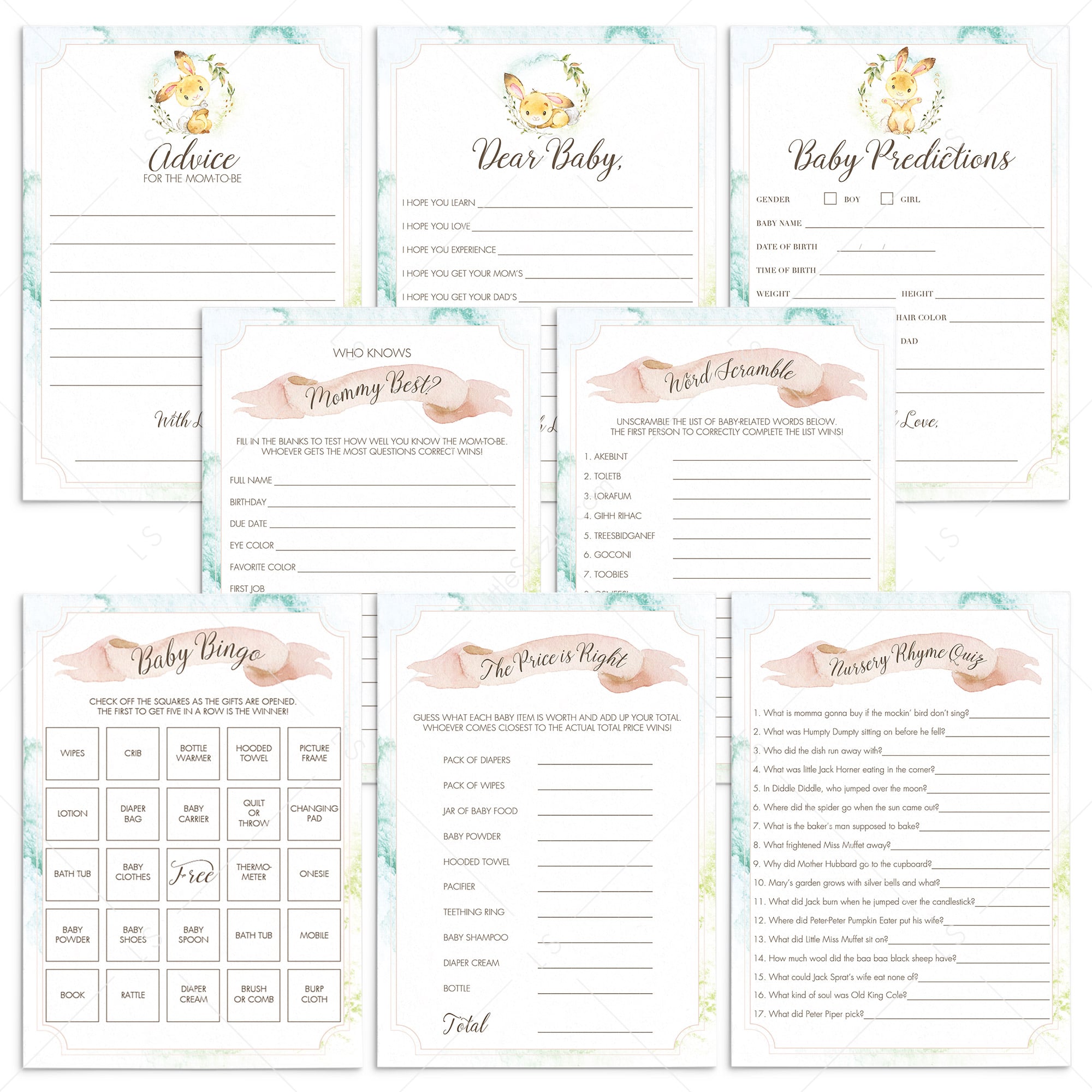Printable Blush Pink Watercolor Baby Shower Game Package by LittleSizzle