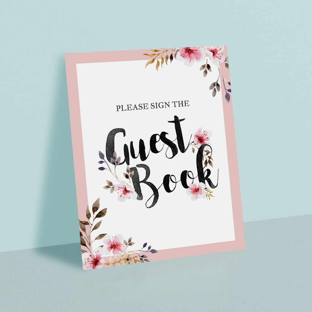 Sign the guest book printable table sign with pink watercolor flowers by LittleSizzle