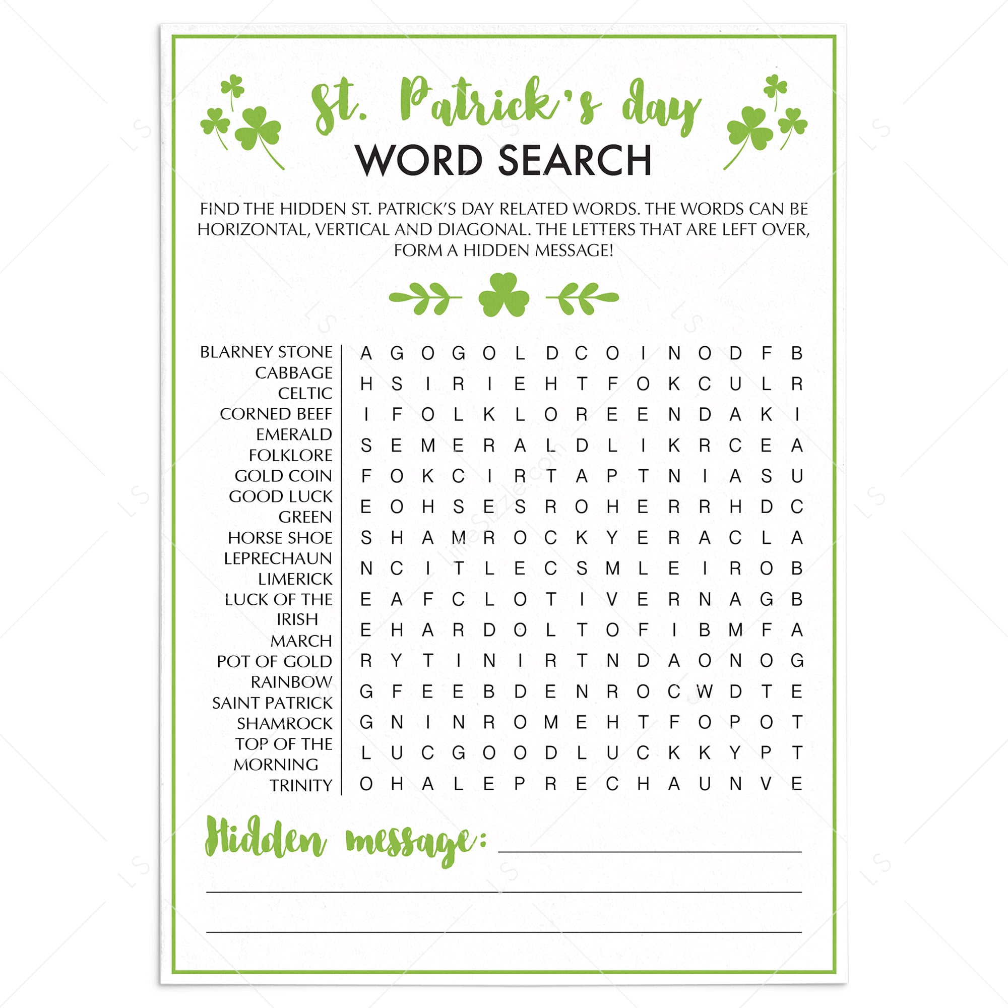 Saint Patrick Word Find Game Printable by LittleSizzle