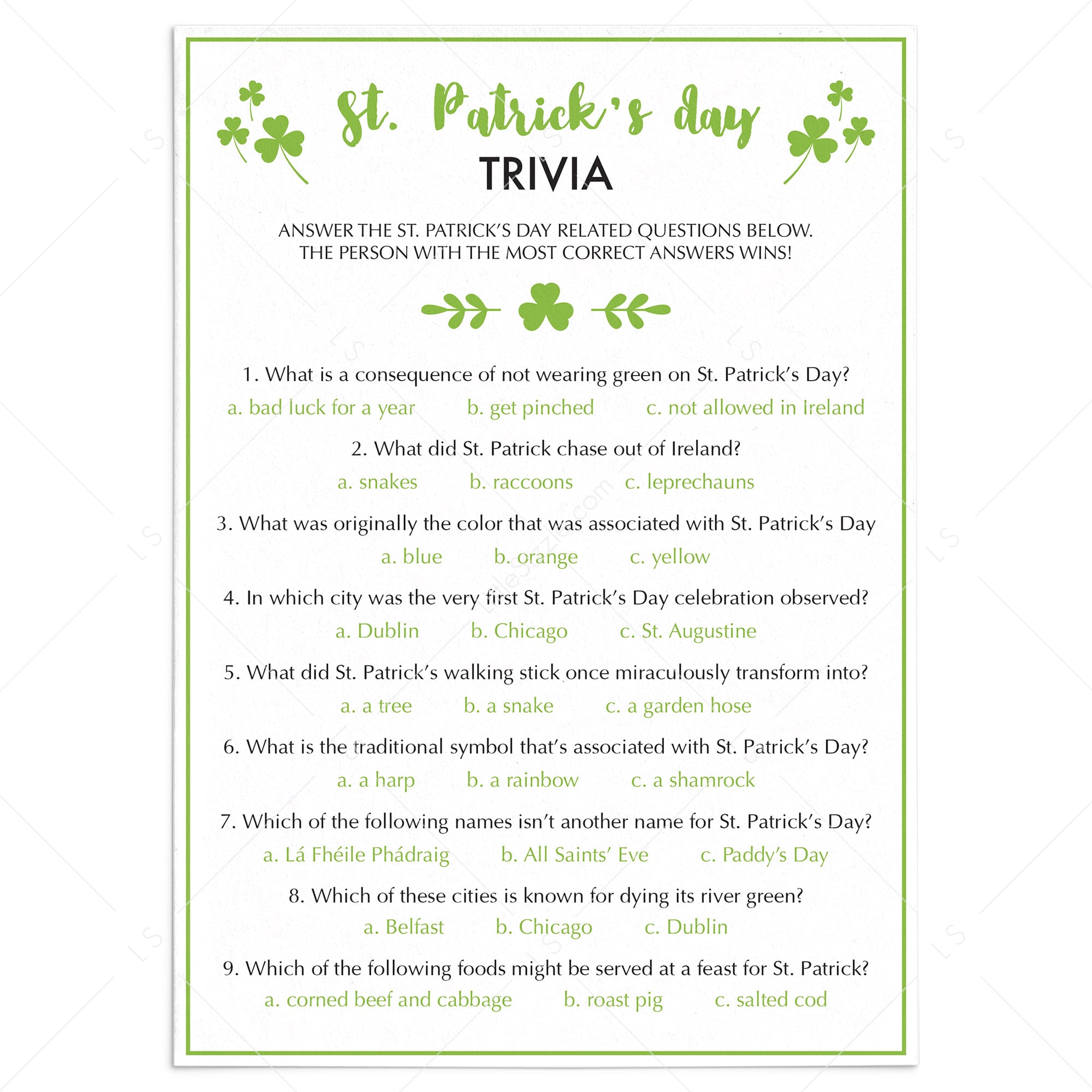 (Zoom) St Patricks Day Quiz For Adults by LittleSizzle