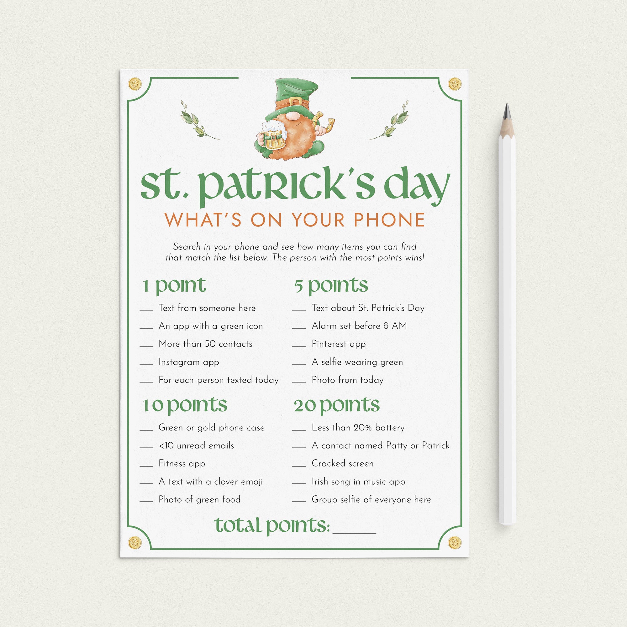 St Patricks Party Game Whats On Your Phone Printable by LittleSizzle