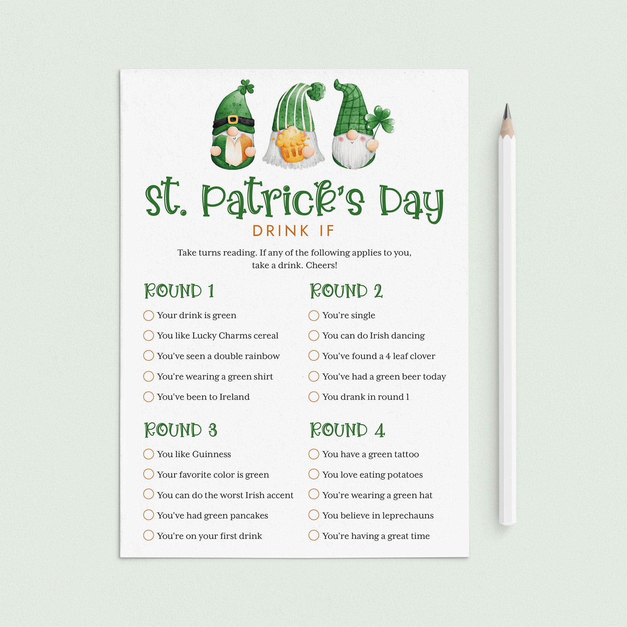 Saint Patrick's Day Game for Adults Drink If Printable by LittleSizzle