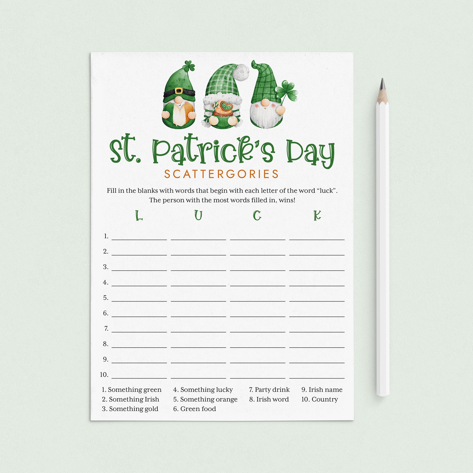 Printable St Paddy's Day Scattergories Game by LittleSizzle