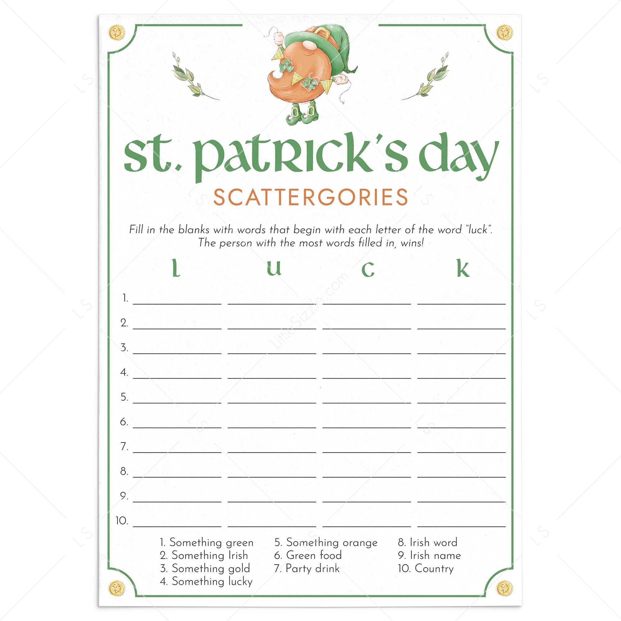 St Patricks Game Scattergories Instant Download by LittleSizzle