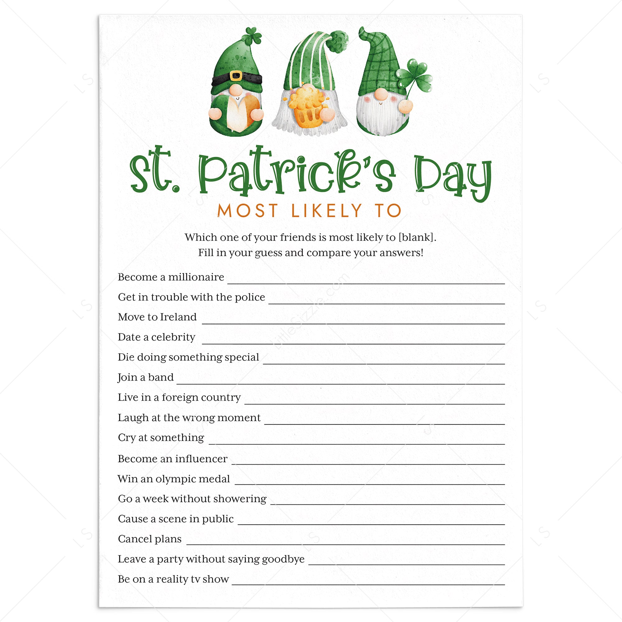 Saint Patrick's Day Most Likely To Game Printable by LittleSizzle