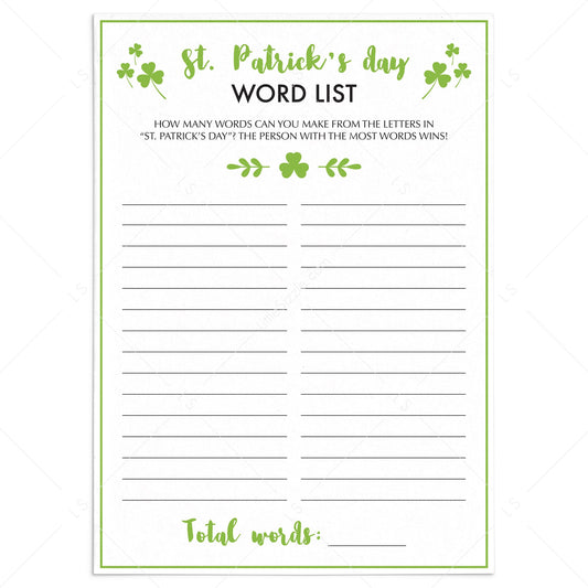 Simple St Patrick's Day Game for Groups Word List by LittleSizzle