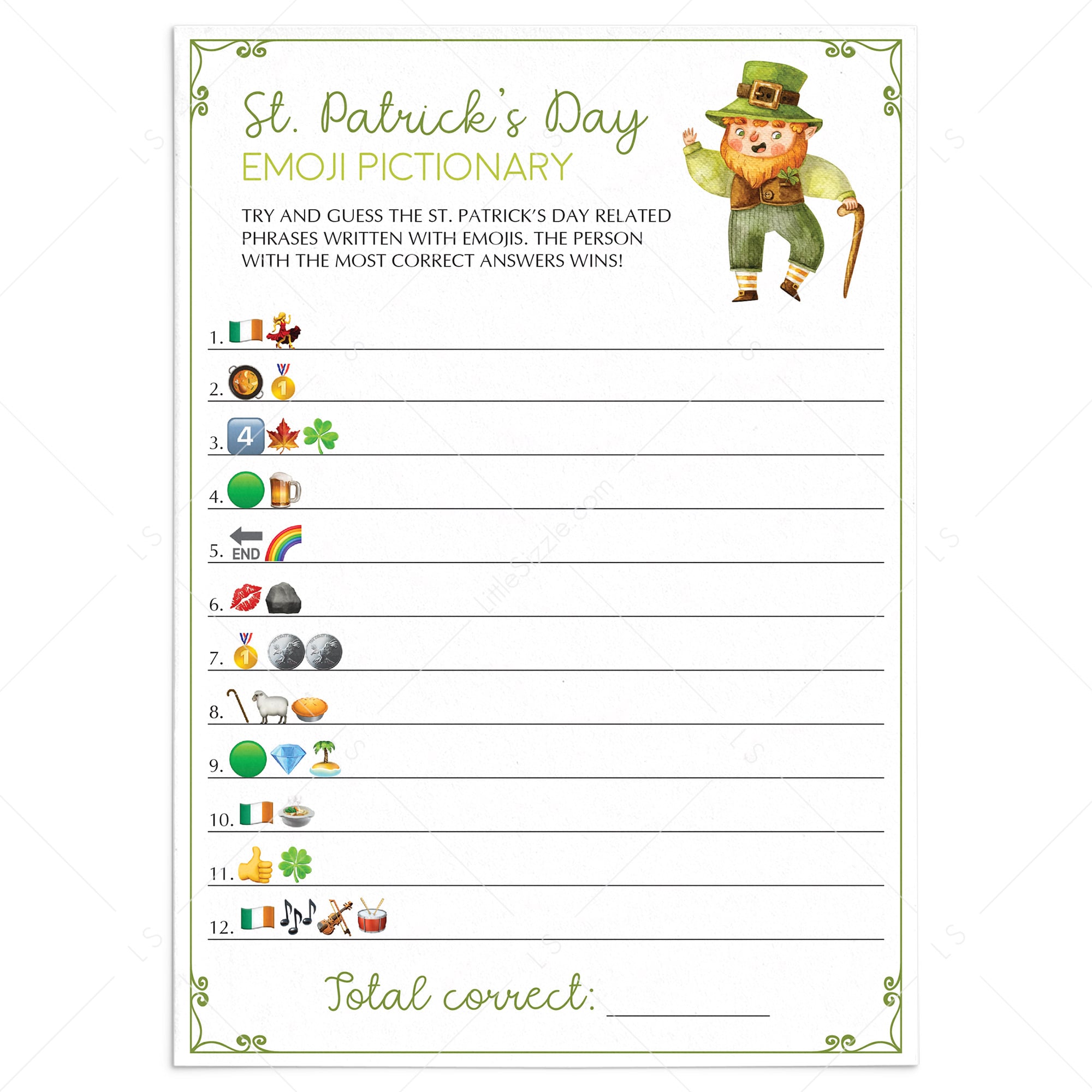 St Patrick's Day Emoji Game Fillable and Printable Instant Download by LittleSizzle