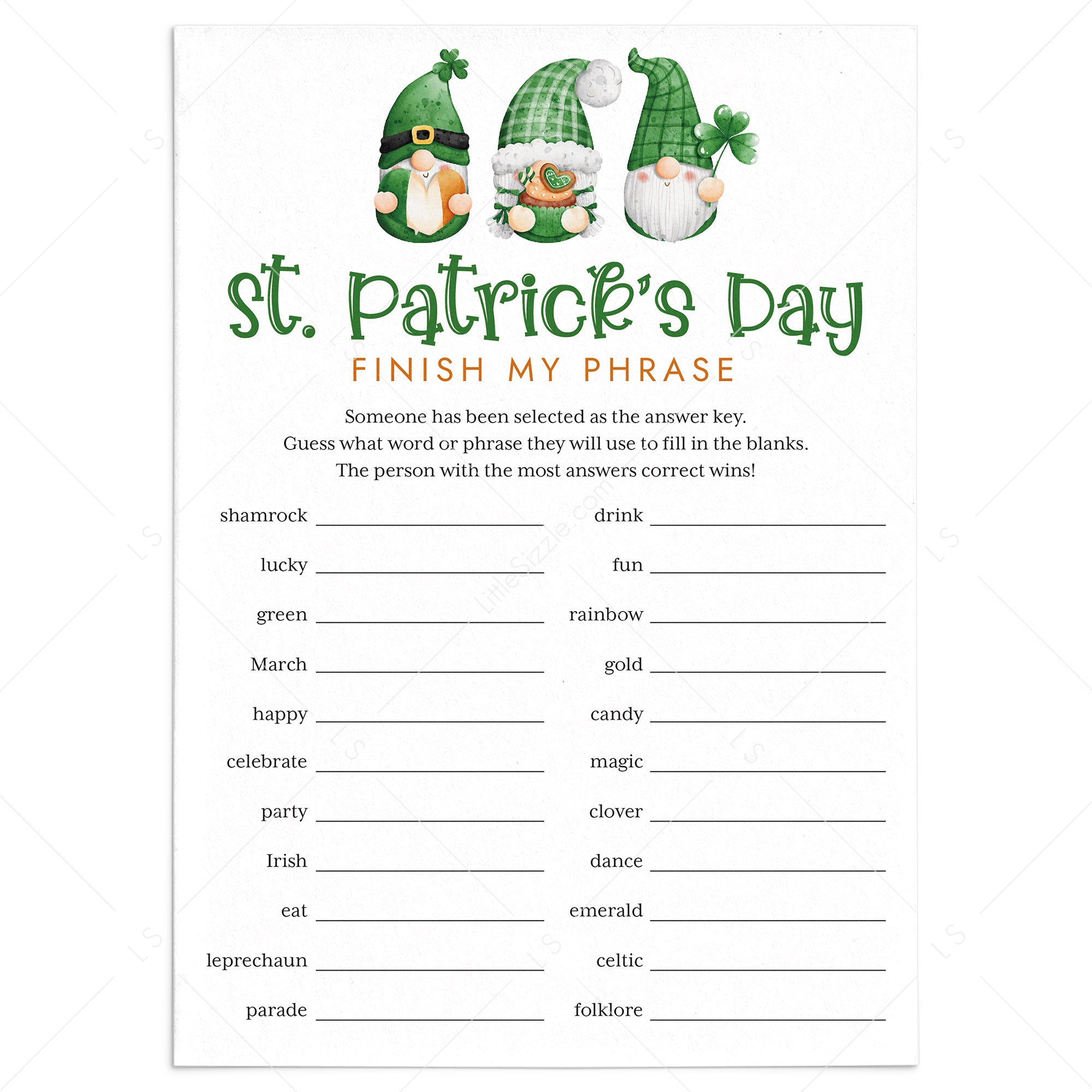 St Patrick's Party Game Printable Finish My Phrase by LittleSizzle