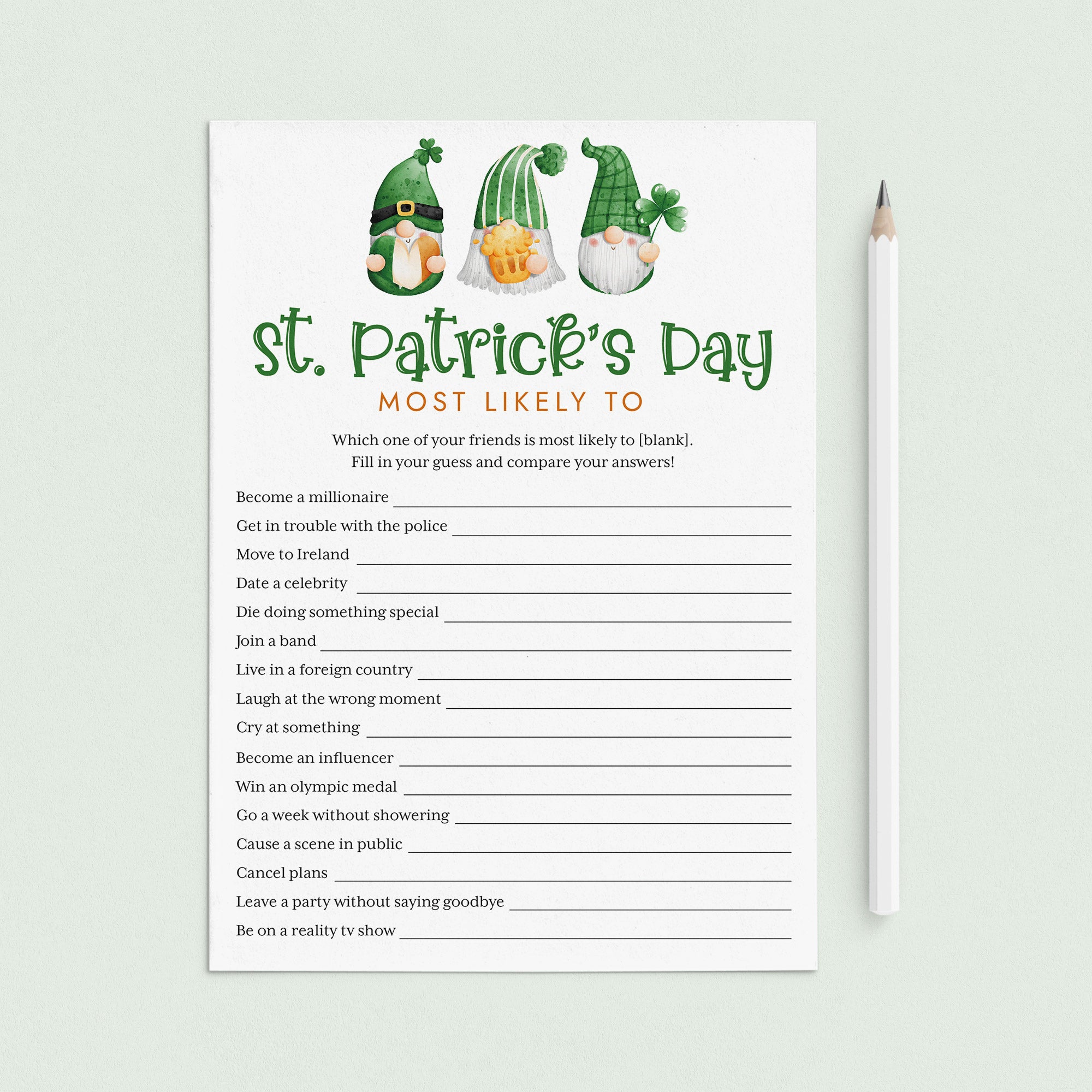 Saint Patrick's Day Most Likely To Game Printable by LittleSizzle