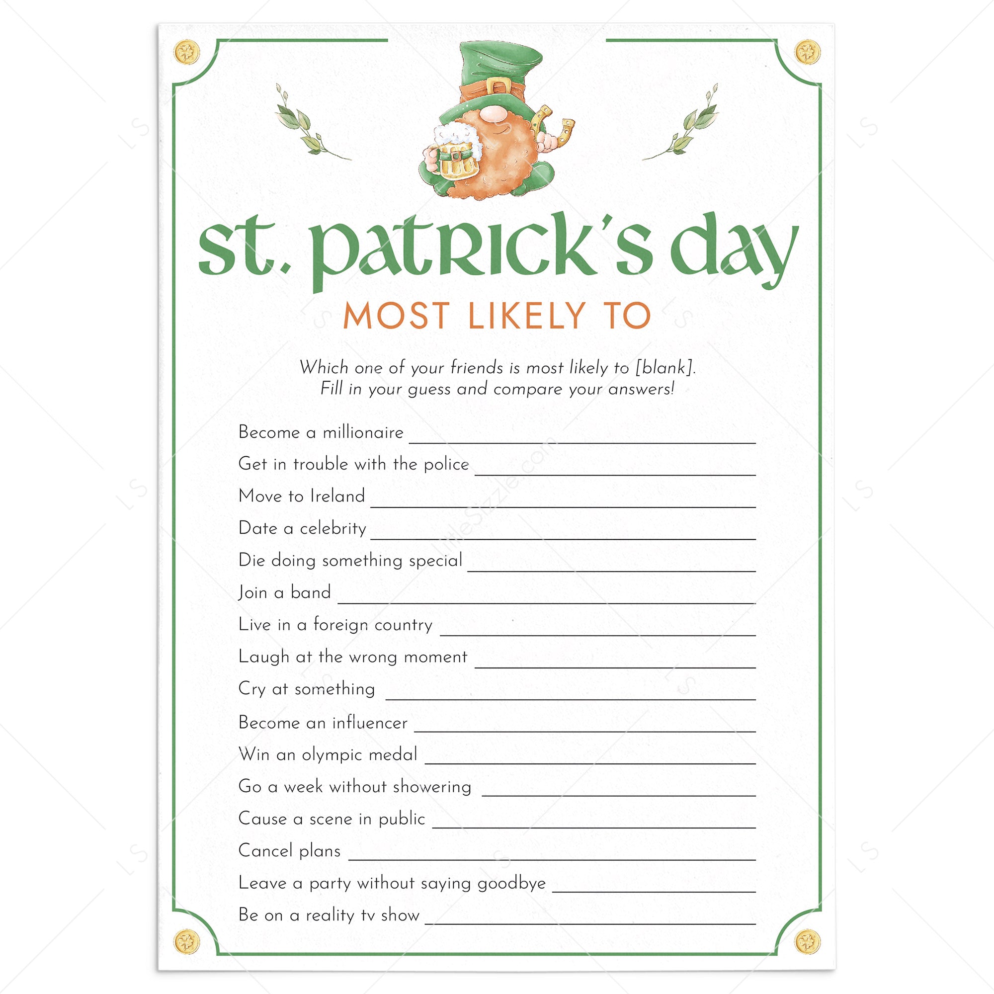 St Patricks Party Game Who Is Most Likely To Printable by LittleSizzle
