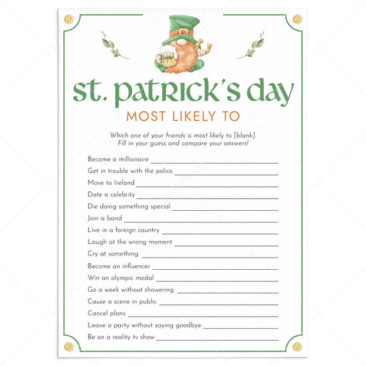St Patricks Party Game Who Is Most Likely To Printable by LittleSizzle