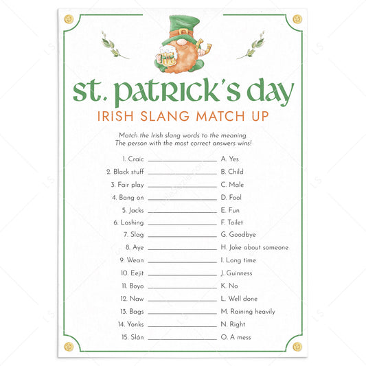 St Patrick's Party Game Irish Slang Match Up Printable by LittleSizzle
