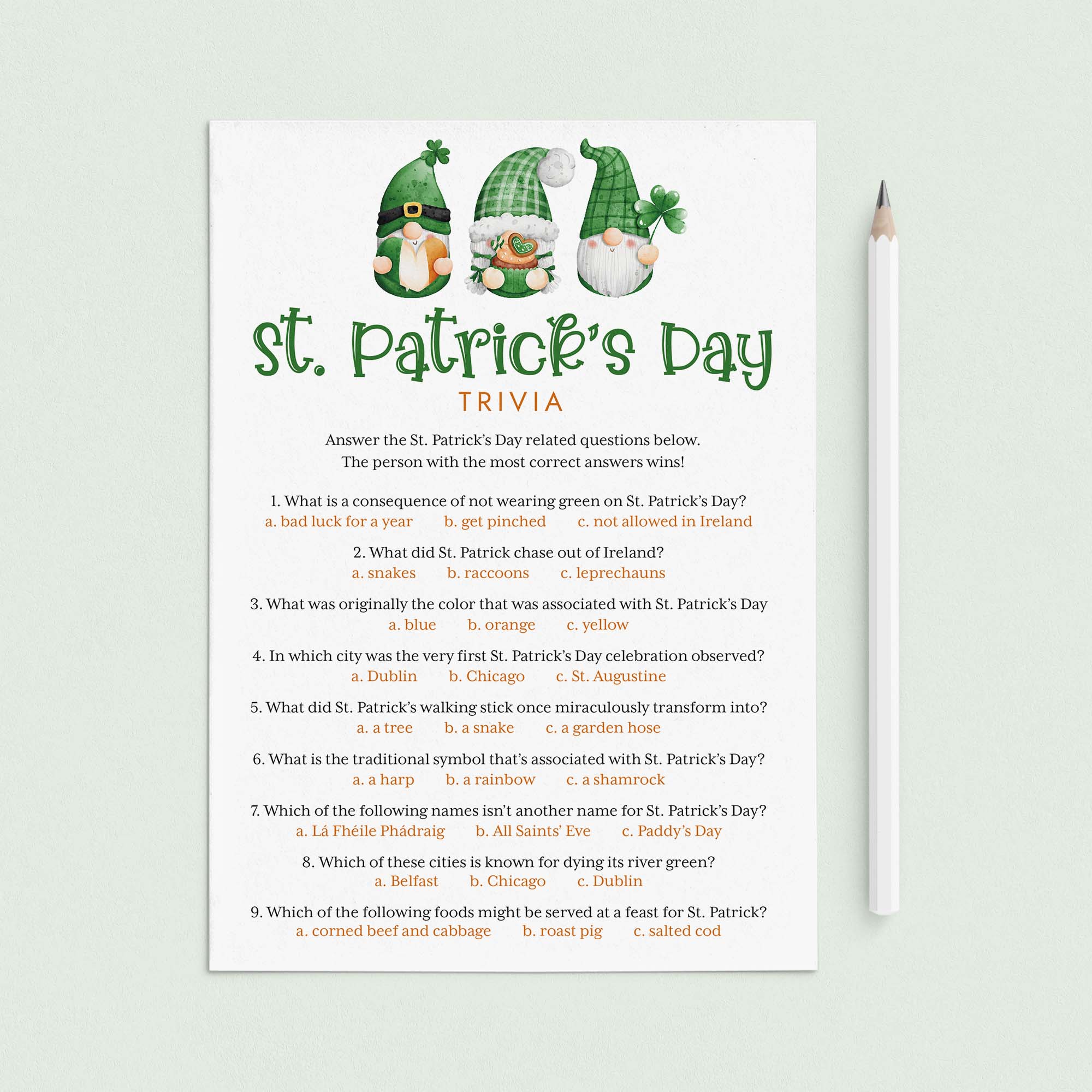 St Patrick's Day Trivia Quiz with Answer Key Printable by LittleSizzle